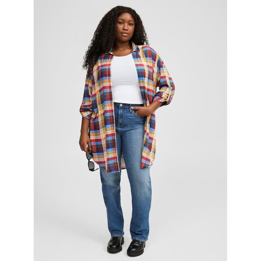 Torrid Button Down Women 3 Plaid Multicolor Roll Tab Sleeve EUC
